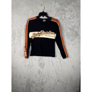 Harley Davidson Womens Small Black & Orange Logo‎ Long Sleeve Shirt With Patches